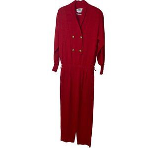 Mike Korwin Vintage Womens Jumpsuit Size 14 Red Gold Button Knit Elastic Waist